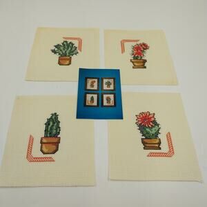 Set of 4 Completed Cross Stitch Desert Plants Cactus Succulent Art 6x7 Unframed